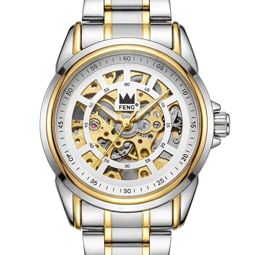 A men's two-tone skeleton watch with a stainless steel and gold-tone case and link bracelet, shown on a white background with text overlays reading 'MODEL I' and 'Case Diameter: 42mm'.